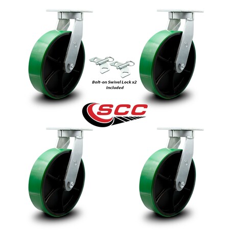 Service Caster 12 Inch Heavy Duty Green Poly on Cast Iron Swivel Caster Set with 2 Swivel Locks SCC-KP92S1230-PUR-GB-BSL-2-S-2